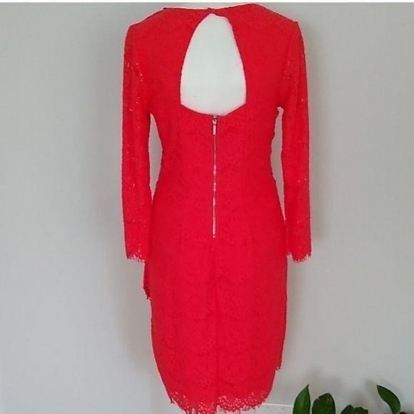 Guess Lace Dress Fitted Keyhole Back Orange Coral - Picture 7 of 7